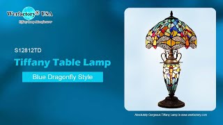 Werfactory Stained Glass Bedside Reading Lamp Tiffany Table Lamp Blue Dragonfly Style