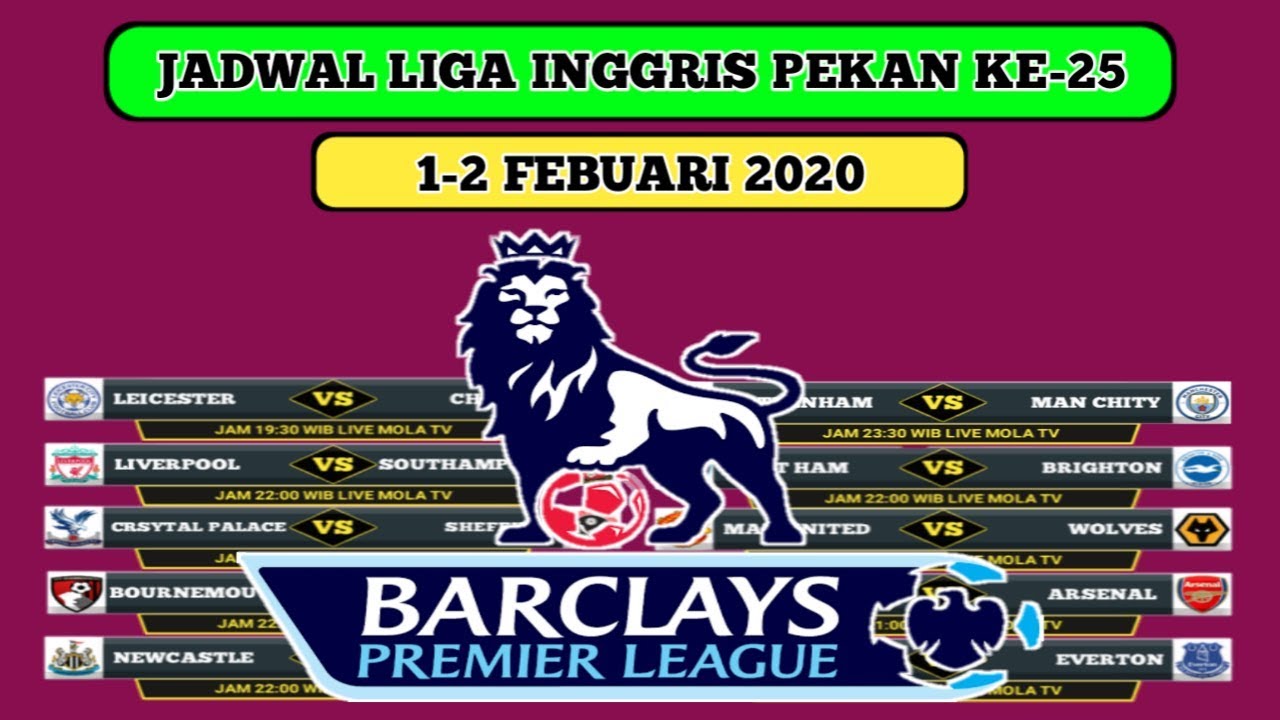 Jadwal Liga Inggris Pekan Ke 25(1-2 Febuari 2020) - YouTube