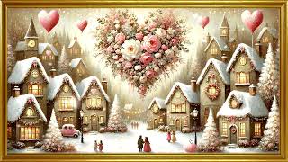 💞Dreamy Valentine Winter Village with Relaxing Music | Light Snowfall | Gold Framed TV Screensaver