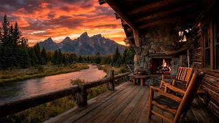 🔥 Sunset Riverside Veranda — Warm Fireplace & Calm Evening Ambience (4K)
