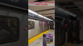 Toronto TTC Subway Train Entering Union Station.  Made on iPhone 14 Pro Max.