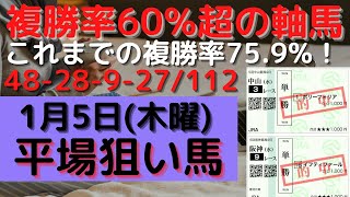 【競馬予想】１月５日の平場勝負レース該当馬（３レース）！複勝率６０％超の軸馬（４レース）の配信！