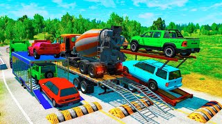 Double Flatbed Trailer Truck vs Speedbumps Train vs Cars | Tractor vs Train Beamng.Drive #004