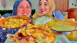 تحدى الدجاج 🐓المشوى مع الملوخيه🥗 والكوسه🍲 والعقاب ضحكنى اذا تقدر