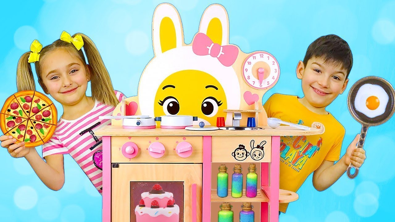 Sasha Playing In Toy Restaurant With Kitchen Toys And Pretend Princess