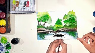 River Tree And boat Landscape Painting For beginners step by step | How To Paint Landscape Painting
