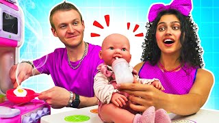 Feeding baby doll & pretend play cooking toy food for dolls. Family-fun video for kids.