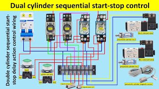 Double Pneumatic Cylinder Sequential Start-Stop with Delay | Control Wiring Diagram