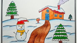 Winter scenery Drawing | Christmas Drawing Easy | Christmas Drawing #christmas #easydrawing