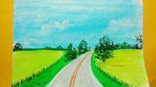 How to draw easy scenery // Easy Landscape Scenery Drawing// Oil pastel scenery drawing