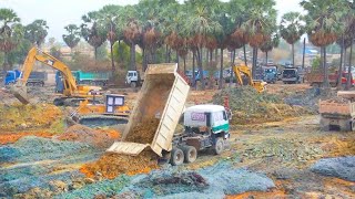 Amazing many dump trucks excavators and bulldozer pushing soil into the big lake