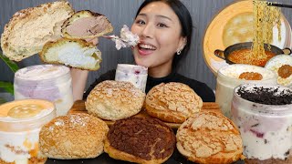 MUKBANG) 크리미 쿠키슈 푸딩 빵먹방🍰🧁 + 빵해장 라면 먹방 Cookie choux cream bread \u0026 bread pudding asmr eating