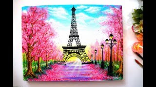 Springtime Cherry blossom Trees and Eiffel Tower Painting / Step by Step Tutorial for Beginners