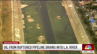 Oil from ruptured pipeline in East LA drains into LA River