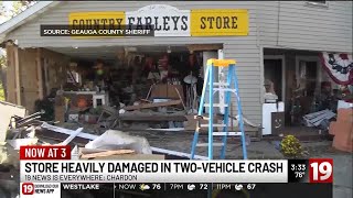 2 cars including Geauga County Sheriff’s cruiser slam into local business