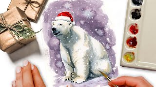 Watercolor Christmas Card Painting Ideas Polar Bear Santa Hat