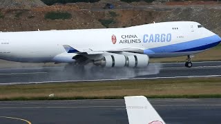 雨後降落， B747貨機驚人的引擎反推力~跑道整路水花Boeing 747 powerful Engine Reverse thrust on wet runway-RWY 05L @Taoyuan