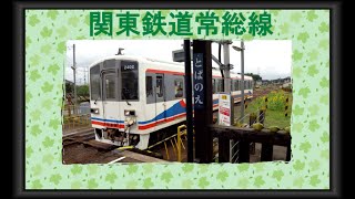 関東鉄道常総線　キハ2402号　ヒマワリ咲く騰波ノ江発車　20150902