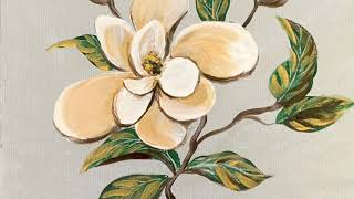 Painting a Magnolia flower in acrylic paints. Tutorial demo for fun and art therapy Free art lesson.