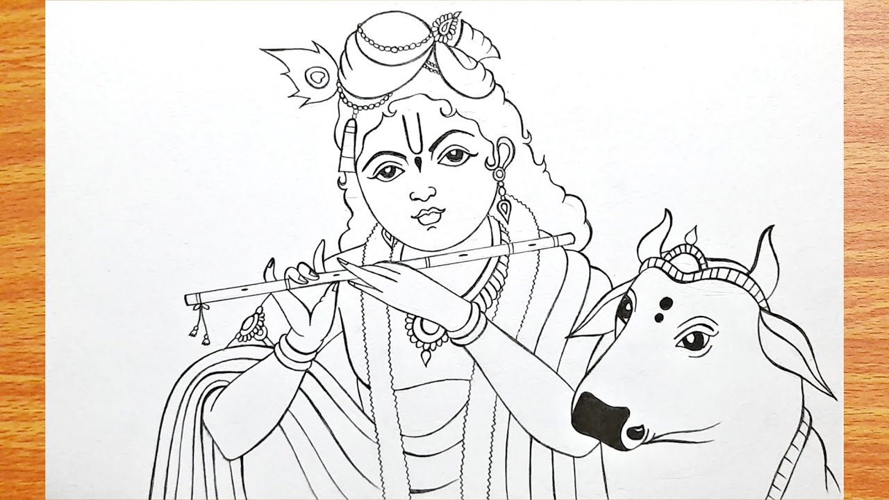 Easy Krishna Drawing With Cow | How To Draw Lord Krishna - Step By Step ...