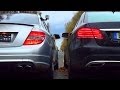 Mercedes C63 AMG vs Mercedes E500 V8 Biturbo SOUND BATTLE + Acceleration Exhaust revving W212 Revs