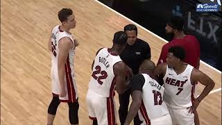 Jimmy Butler And Coach Spoelstra Get Heated During Timeout vs. Warriors