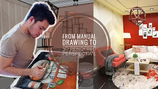 Interior Design Manual Drawing & 3D Rendered Perspective