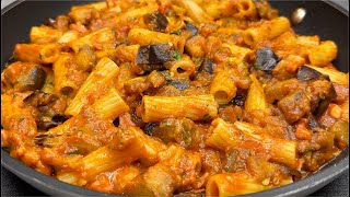 Delicious Italian pasta puttanesca with eggplant! You'll make it at home every day! Easy recipe.