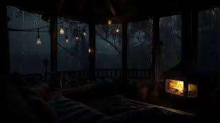 Get Relaxing and Laydown in Cozy Cabin Night Room with Rain Sounds in The Forest and Fireplace