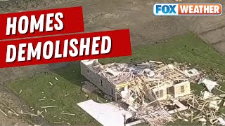 Aerial View Shows Homes Completely Demolished By Possible Powerful Tornado In Sanger, TX