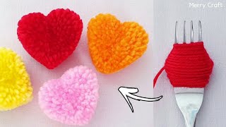 Super Easy Pom Pom Heart Making Idea with Fork - Amazing Valentine's Day Crafts - How to Make Heart