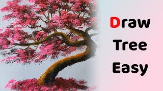 How to draw pink tree easy for beginners/ Acrylic colors drawing on paper