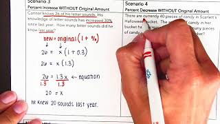 Percent Increase Decrease Equations- Finding the Original Amount