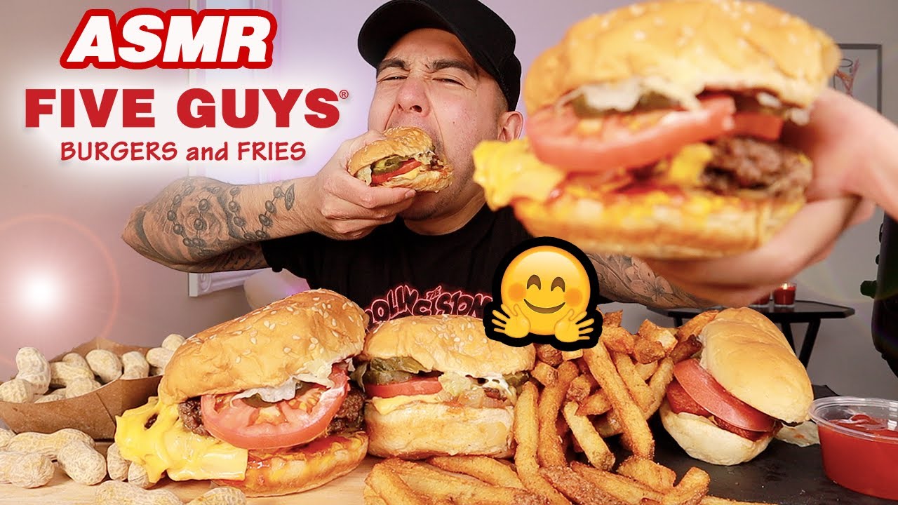 ASMR EATING FIVE GUYS DOUBLE BURGER + HOT DOG + CAJUN FRIES ...