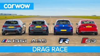 New BMW M135i v AMG A35 v Audi S3 v VW Golf R - DRAG RACE, ROLLING RACE & BRAKE TEST!
