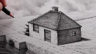 How to Draw a Simple House in a Realistic Landscape Pencil Drawing