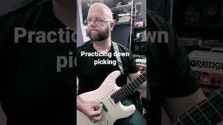 Practice your down picking start slow and go for 3min without stopping.