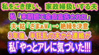 【スカッと】www私をこき使い、家政婦扱いする夫と姑。私「末期癌で余命宣告された…」義家族「ざまあwさっさと出てってw」→3年後、半狂乱の夫から連絡が…。私「やっとアレに気がついた？」【感動する話】