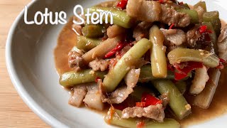 สายบัวผัดกะปิหมูสามชั้น 🪷 Stir-fried lotus stem with shrimp paste