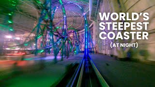 TMNT Shellraiser Front Row Night POV - Amazing Light Package for the Worlds Steepest Coaster