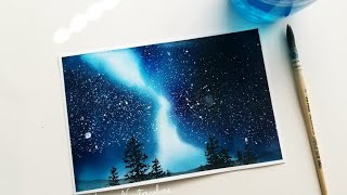 NIGHT SKY Northern Lights Watercolor Painting/ Easy Step by Step Watercolor