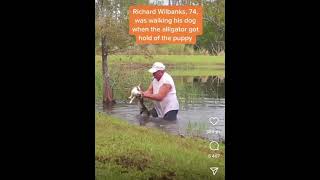 Man saves puppy dog from small aligator while still holding on his cigar