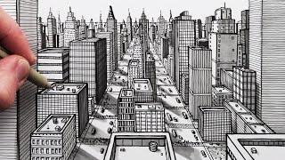 How to Draw a City using 1-Point Perspective: Pen Drawing
