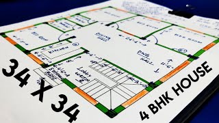 34 x 34 sqft 4 bhk house plan II 34 x 34 ghar ka naksha II 34 X 34 HOUSE DESIGN