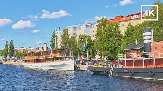 Walking in city center market and marina boulevard in Savonlinna city, Finland - 4K