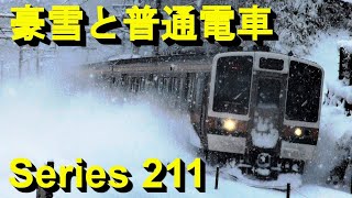 Series 211 local train running in the snow