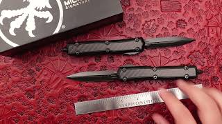 Microtech Makora 206-1 DLCTCFISH Double Edge DLC Blade, Black Handle Carbon Fiber Inlay Shadow