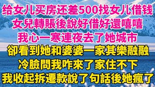 給女兒買房差500找女兒借錢，女兒轉賬後說好借好還，我心一寒連夜去了她城市，卻看到她和婆婆一家其樂融融，冷臉問我咋來了家住不下，我收起拆遷款說了句話後她瘋了【凡人故事鋪】#故事#有聲書#情感故事#婆媳