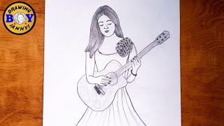 How to draw Guitar with Girl || Pencil Drawing for beginner A Girl playing Guitar