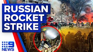 Russian rocket strike kills fourteen people in Dnipro, Ukraine | 9 News Australia